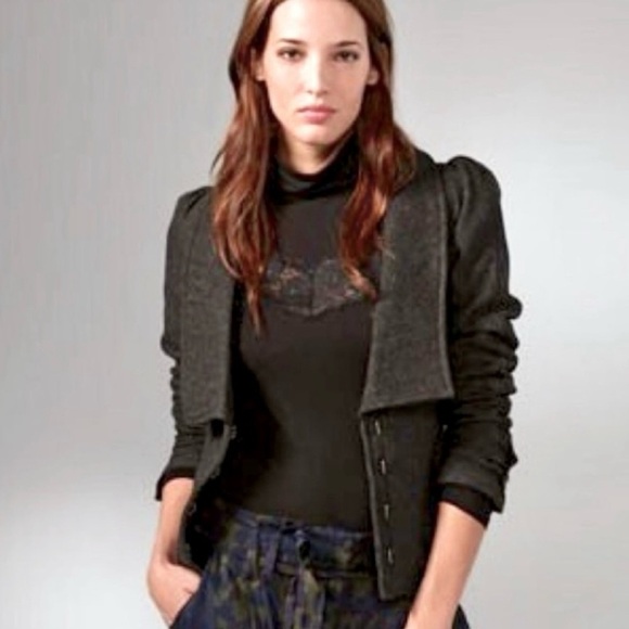 Free People Tweed Blazer Jacket Puff Sleeve Lined Gray Tweed Herringbone Sz 0 - Picture 5 of 12